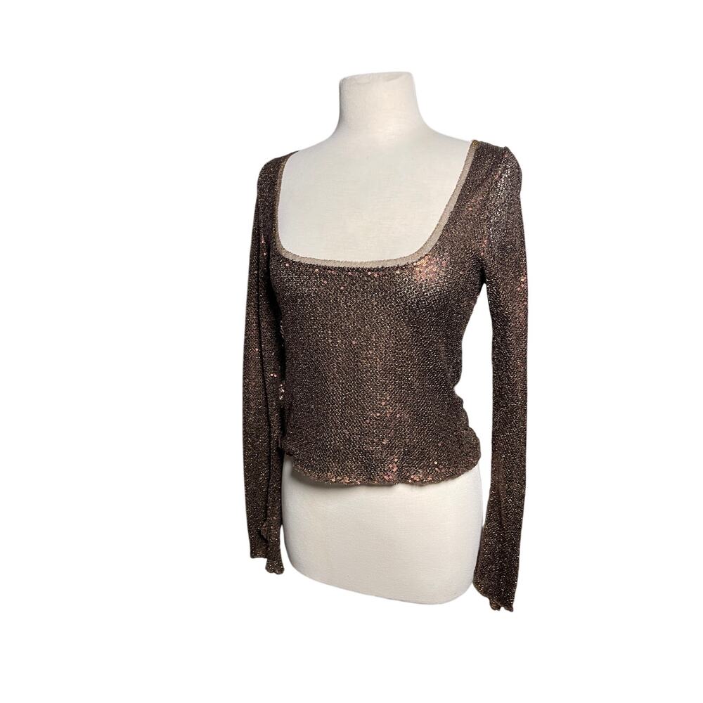FREE PEOPLE Intimately Brown Sequin Square Neck Long Sleeve Top - Picture 4 of 5